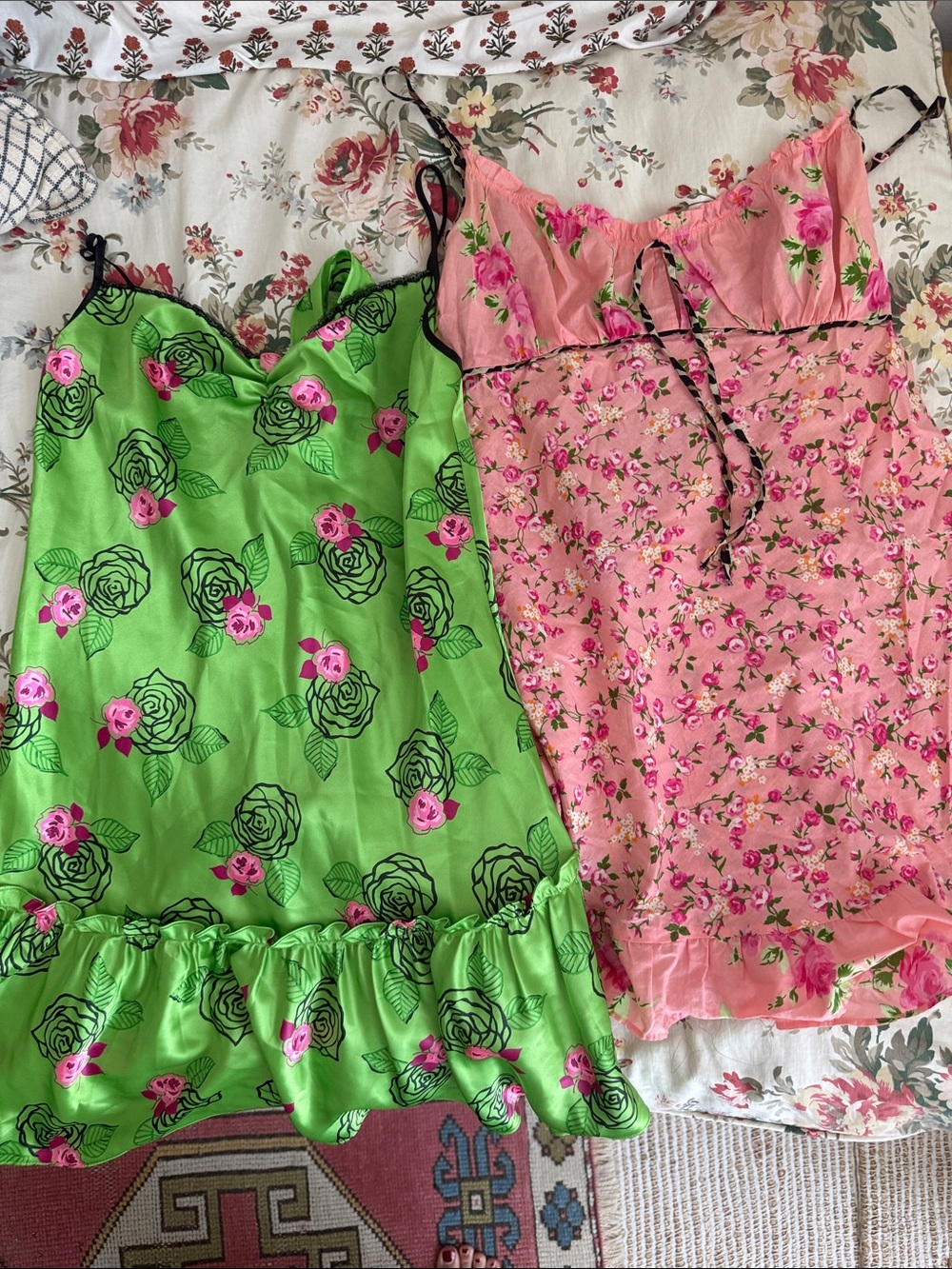 Betsey Johnson Lot 2 Floral Satin Cotton Mini Slip Dresses M L Vintage